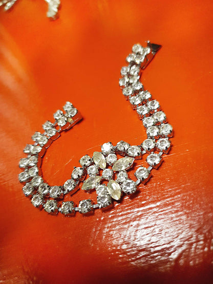 Vintage 1950s Rhinestone Bracelet Flower Floral Mid-Century