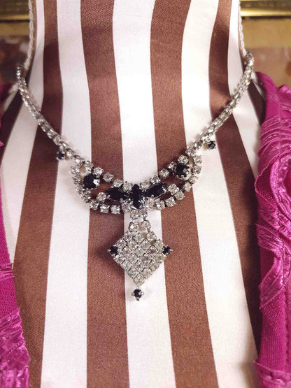 Vintage 1950s Rhinestone Necklace Clear Black Mid-Century