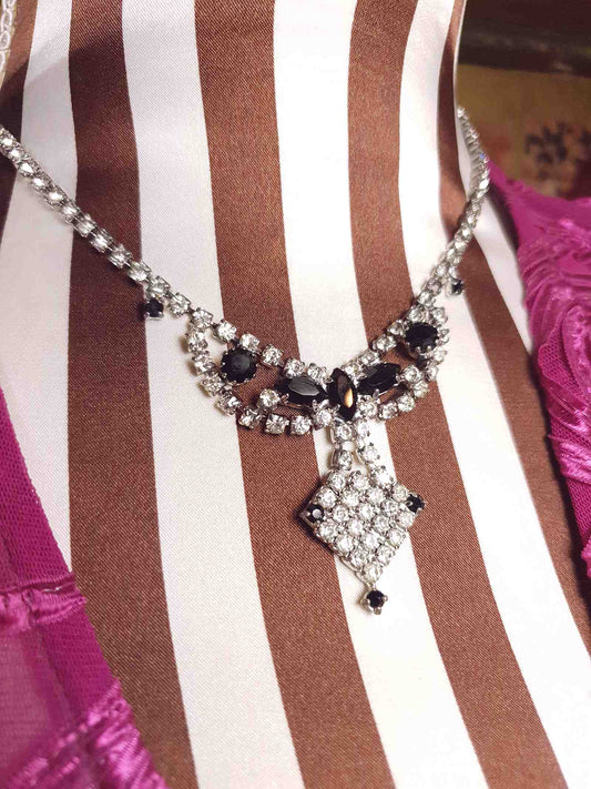 Vintage 1950s Rhinestone Necklace Clear Black Mid-Century