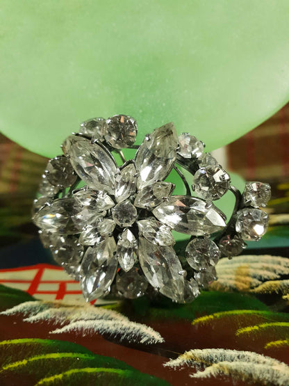 Vintage 1950s Rhinestone Flower Brooch Silver Tone Diamante Pin Clear