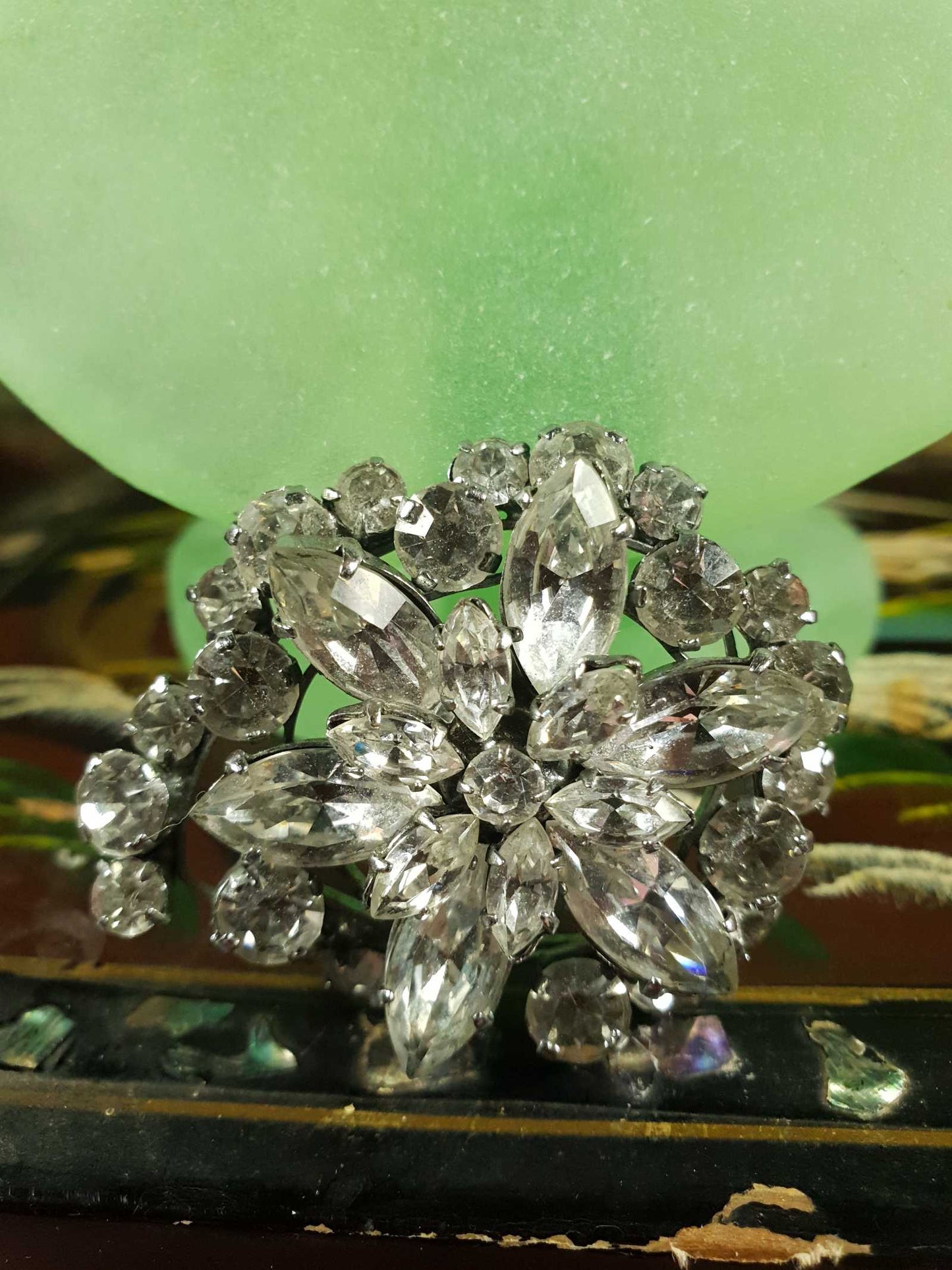 Vintage 1950s Rhinestone Flower Brooch Silver Tone Diamante Pin Clear