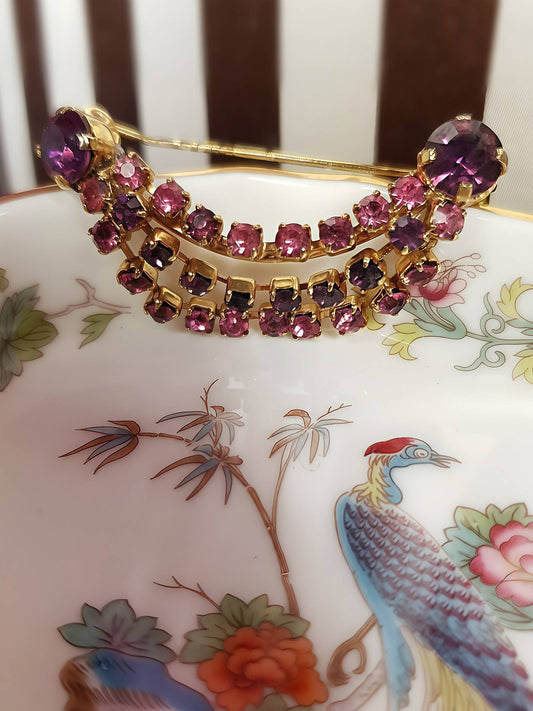 Vintage 1950s Rhinestone Brooch Pink Purple Three Tiers Mid Century