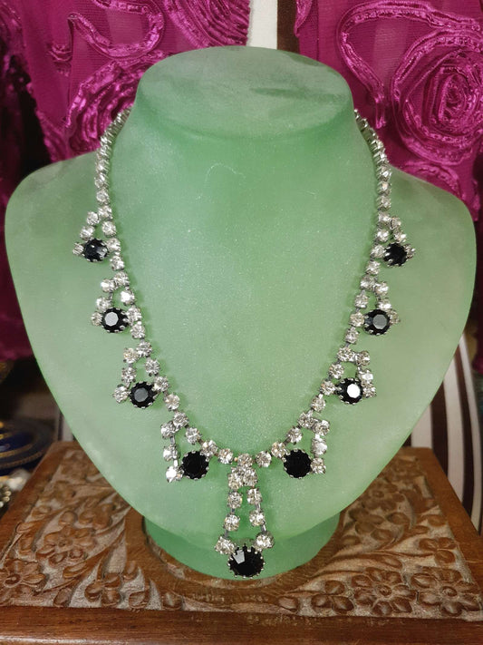 Vintage 1950s Rhinestone Necklace 15.5" Clear Black Mid-Century