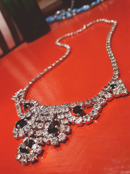 Vintage 1950s Rhinestone Necklace Choker Clear Black