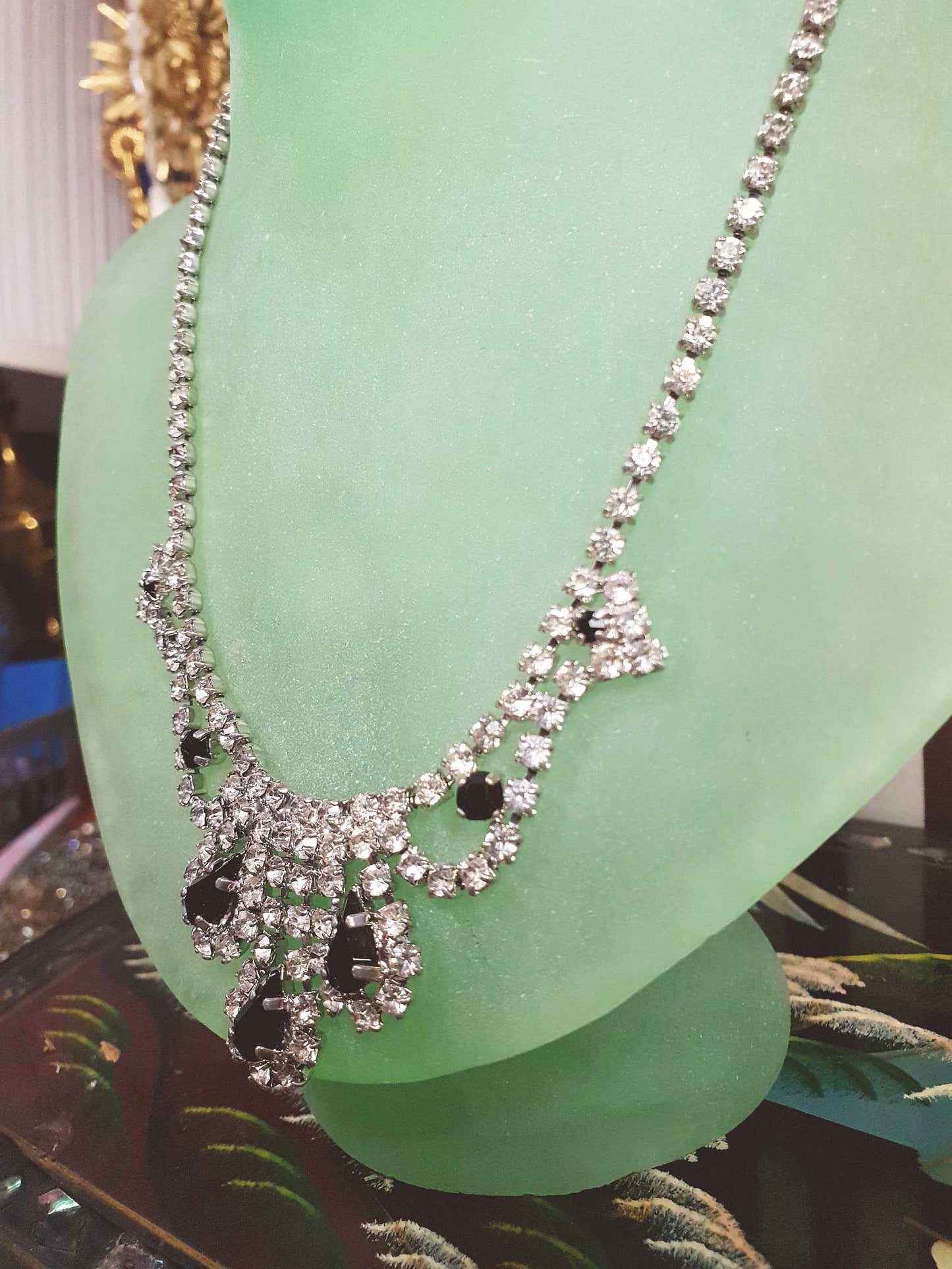 Vintage 1950s Rhinestone Necklace Choker Clear Black