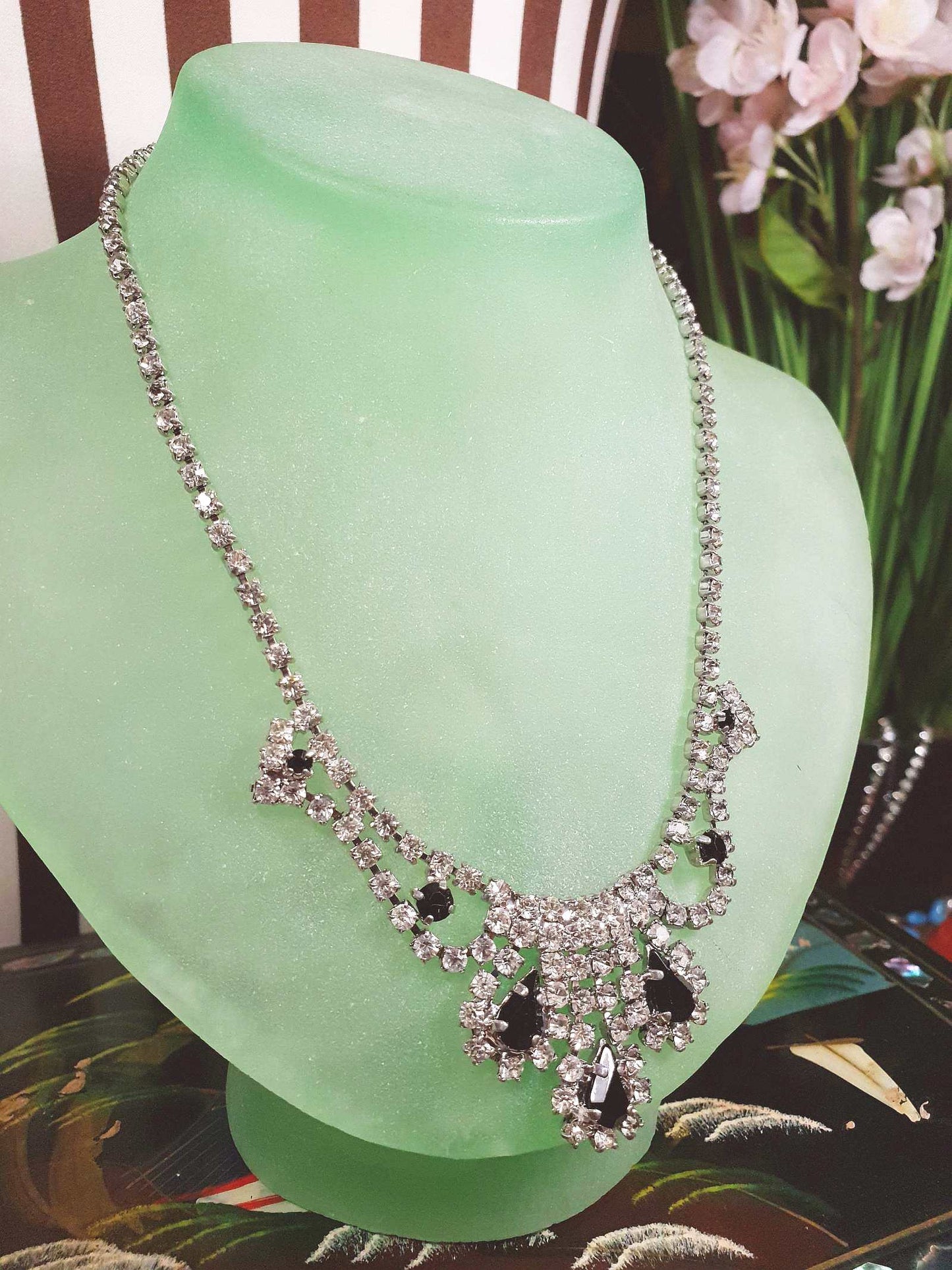 Vintage 1950s Rhinestone Necklace Choker Clear Black