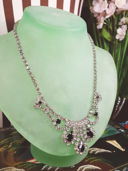 Vintage 1950s Rhinestone Necklace Choker Clear Black