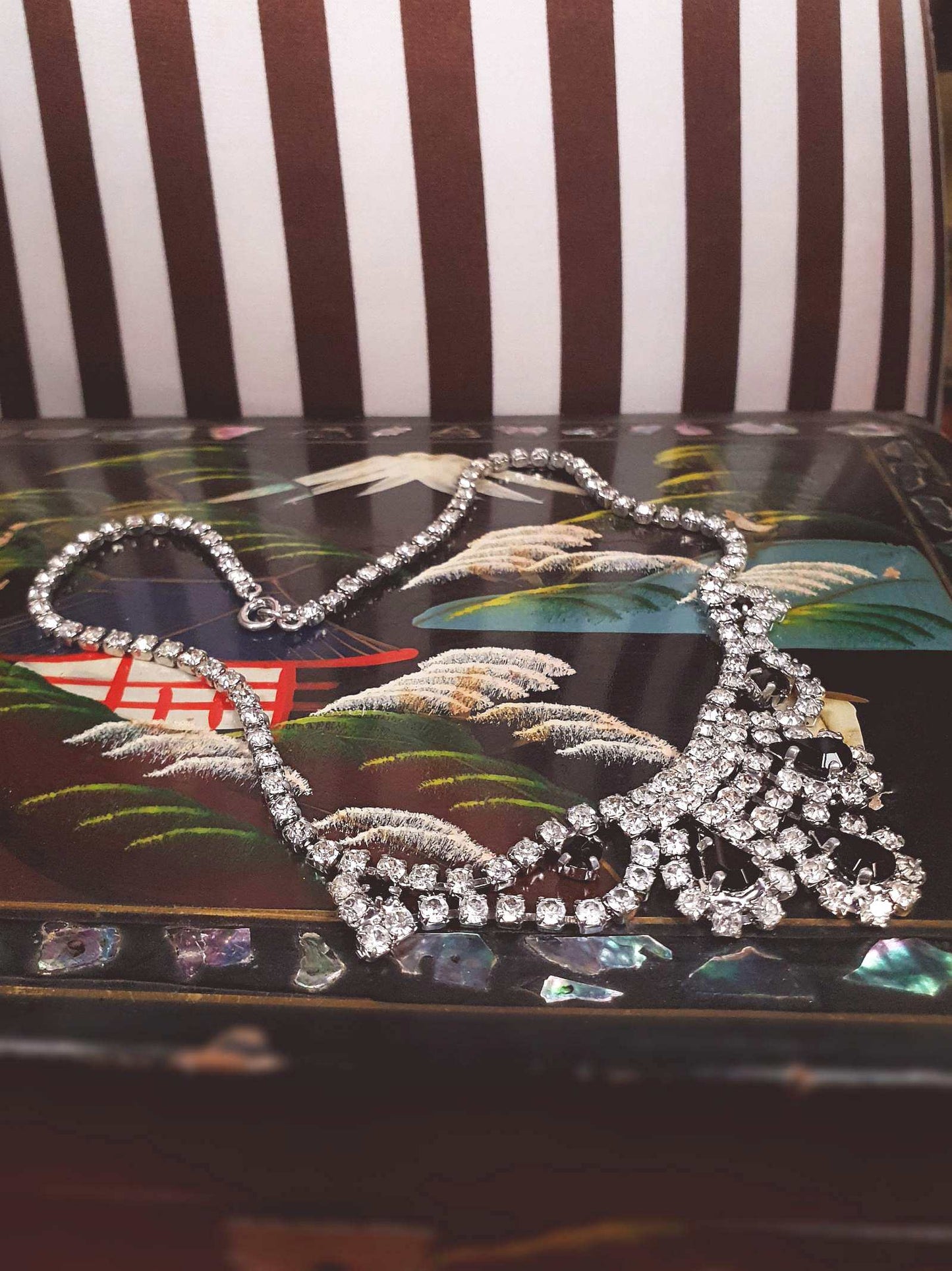 Vintage 1950s Rhinestone Necklace Choker Clear Black