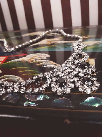 Vintage 1950s Rhinestone Necklace Choker Clear Black