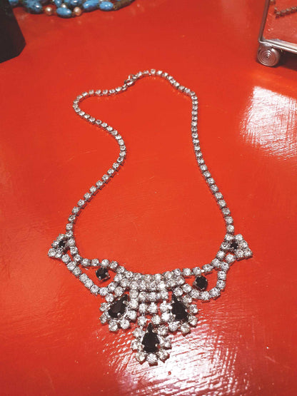 Vintage 1950s Rhinestone Necklace Choker Clear Black