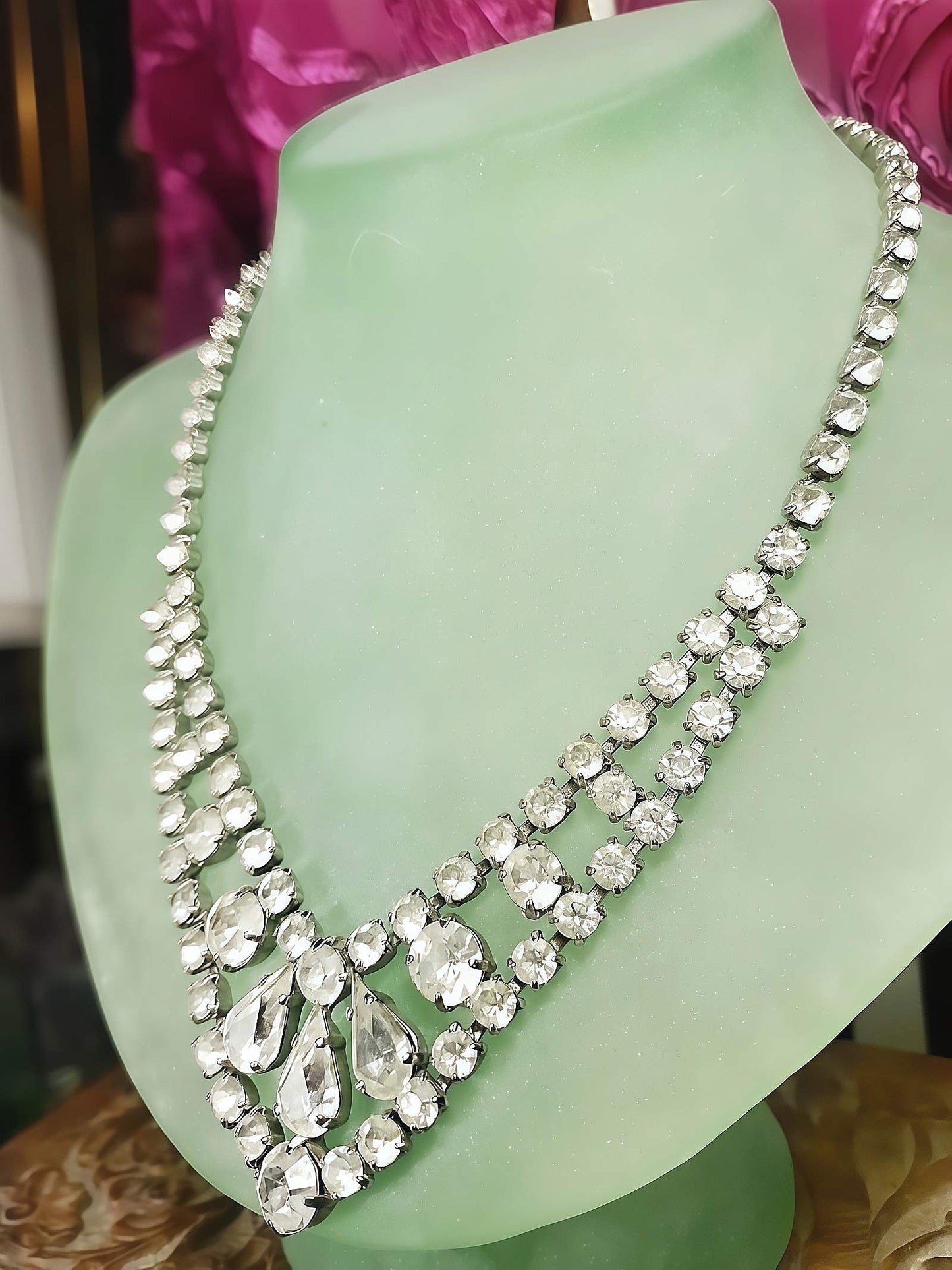 Vintage 1950s Rhinestone Necklace Choker 15" Clear Mid-Century