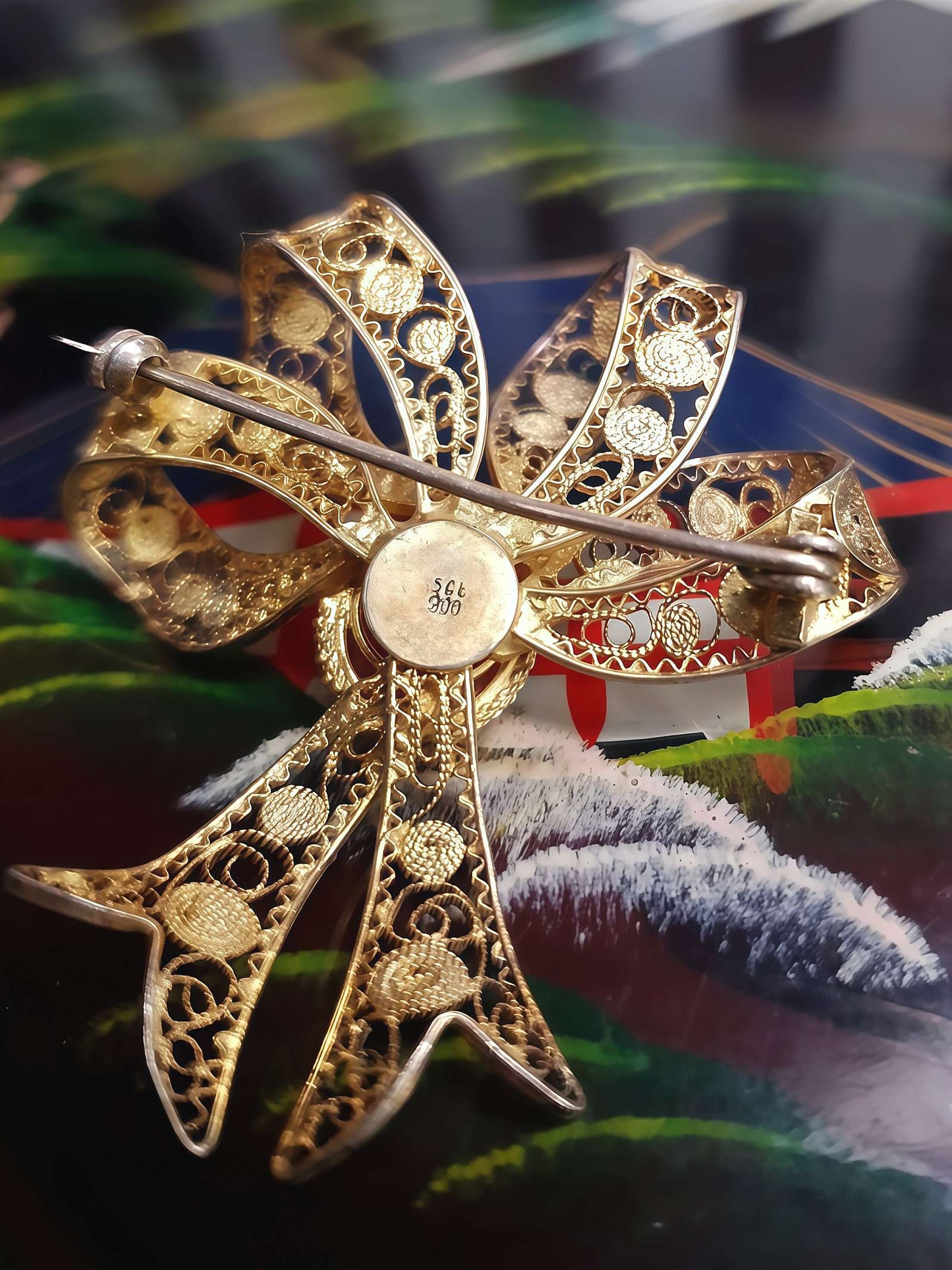 Vintage 1950s Silver Filigree Bow Cameo Brooch Vermeil Mid-Century