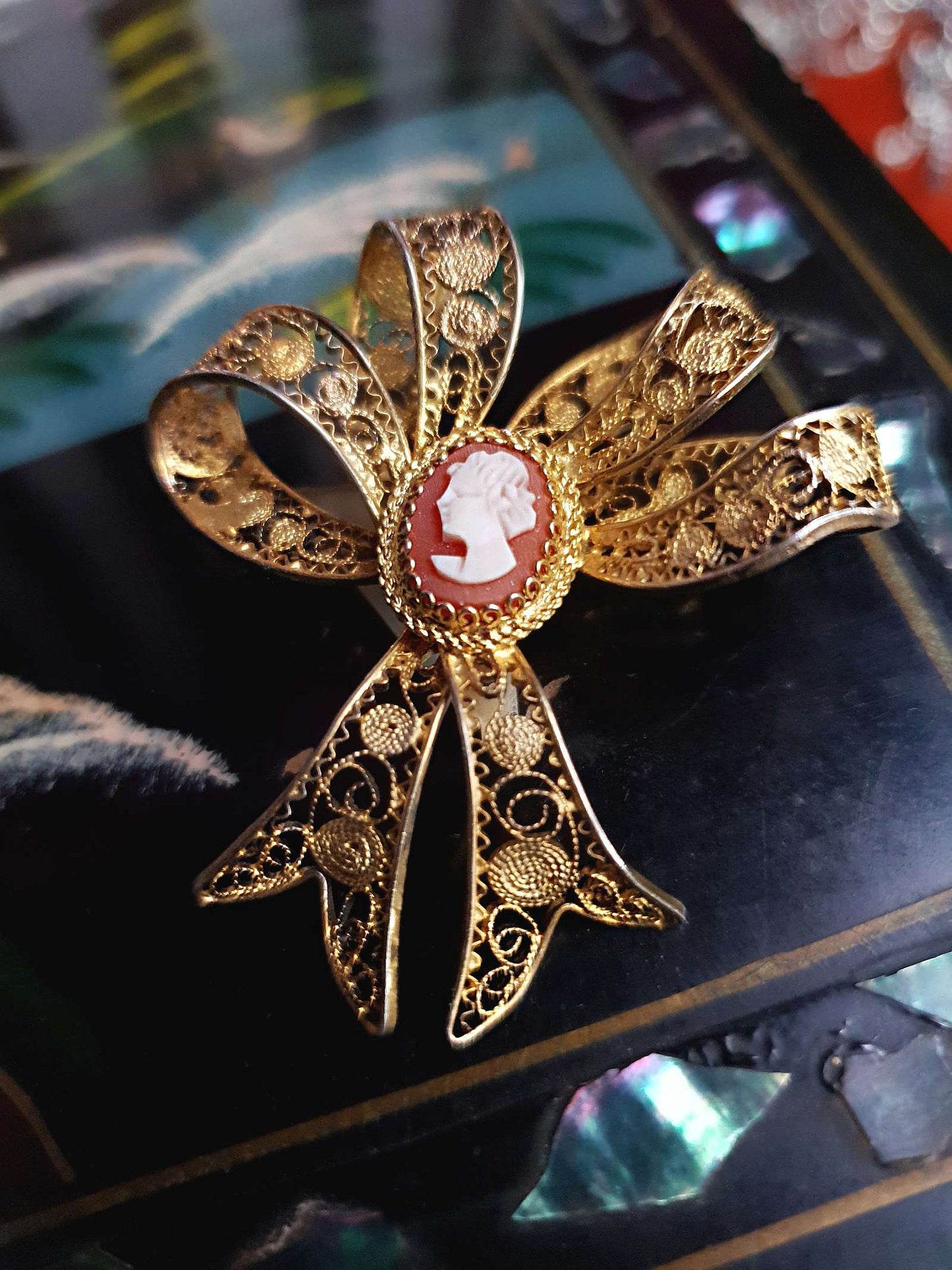 Vintage 1950s Silver Filigree Bow Cameo Brooch Vermeil Mid-Century