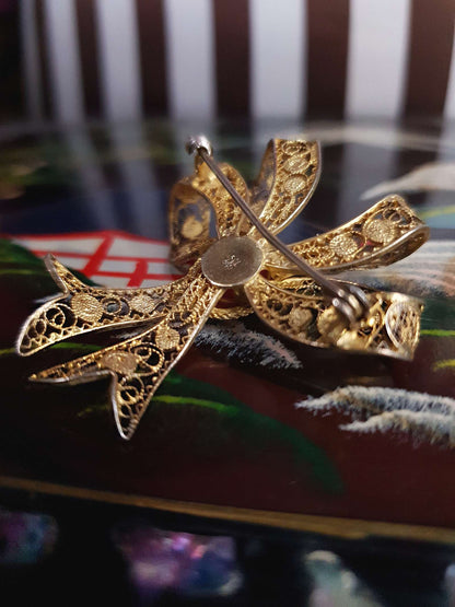 Vintage 1950s Silver Filigree Bow Cameo Brooch Vermeil Mid-Century