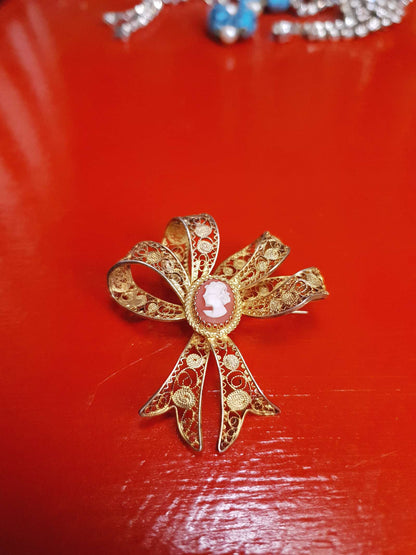 Vintage 1950s Silver Filigree Bow Cameo Brooch Vermeil Mid-Century