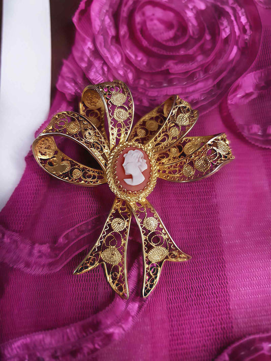 Vintage 1950s Silver Filigree Bow Cameo Brooch Vermeil Mid-Century