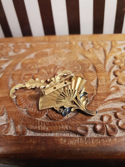 Vintage 1960s Damascene Fan Brooch - RARE