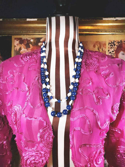 Vintage 1960s Navy White Necklace 25" Flower Floral Two Strand