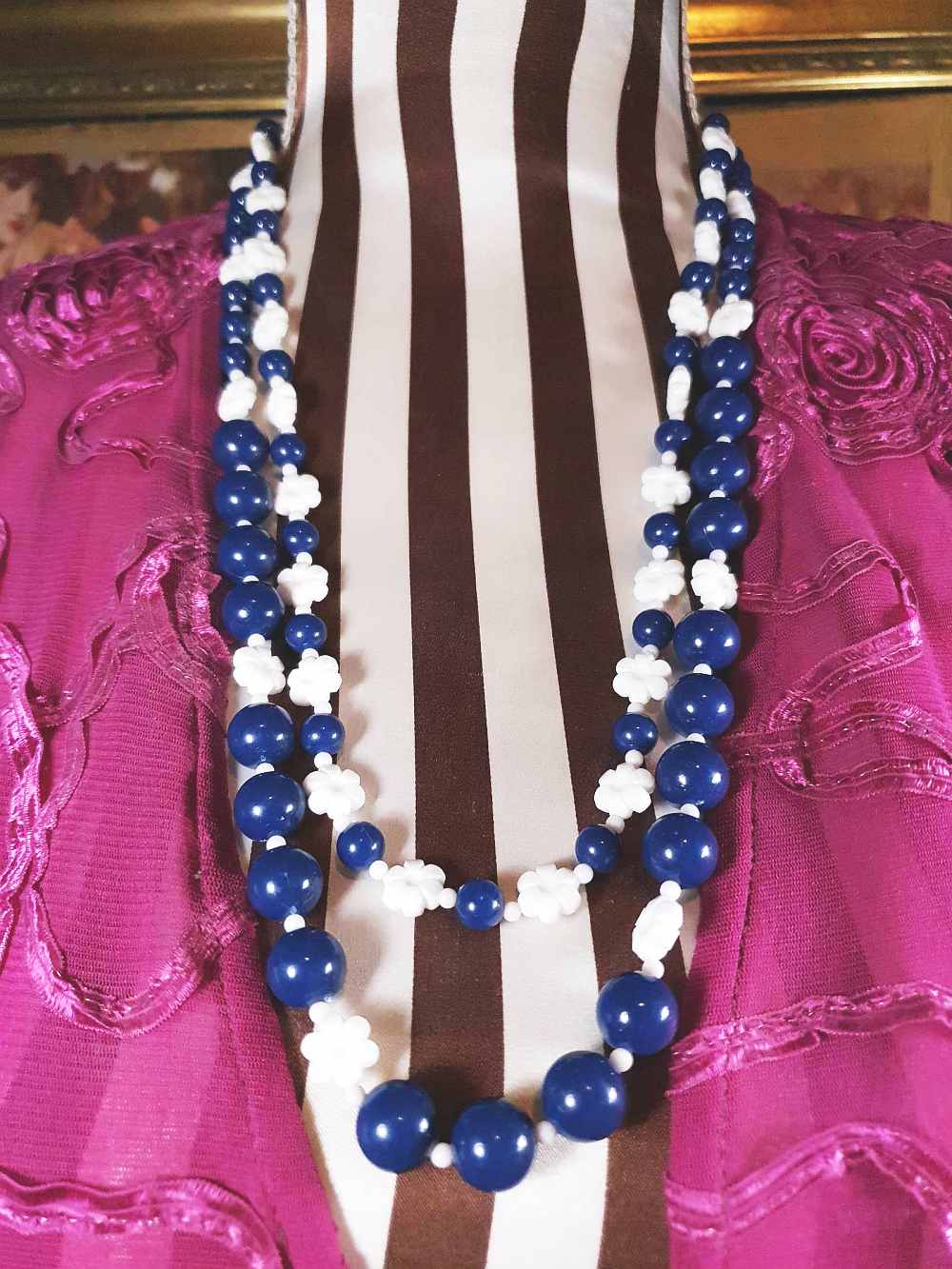 Vintage 1960s Navy White Necklace 25" Flower Floral Two Strand