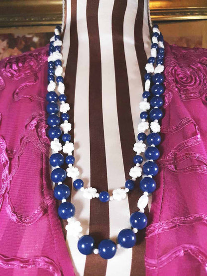 Vintage 1960s Navy White Necklace 25" Flower Floral Two Strand