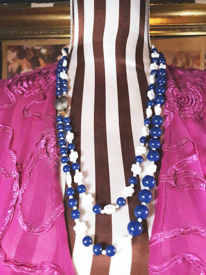 Vintage 1960s Navy White Necklace 25" Flower Floral Two Strand