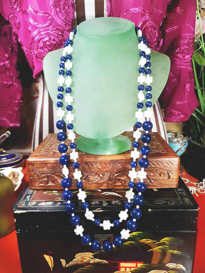 Vintage 1960s Navy White Necklace 25" Flower Floral Two Strand