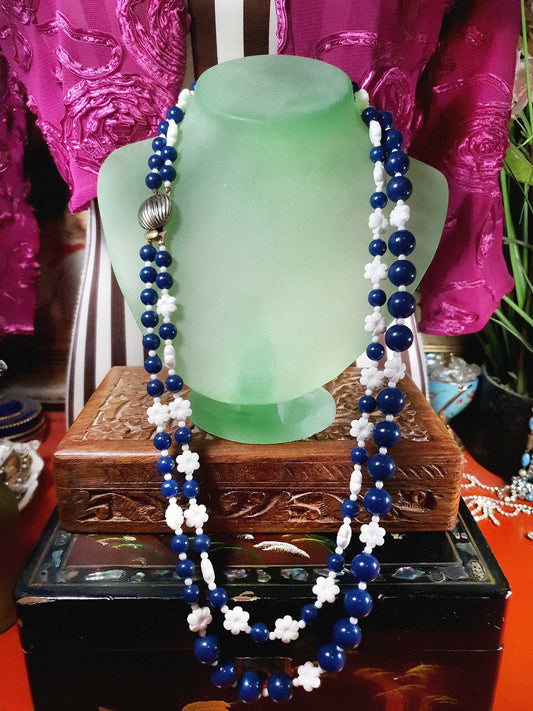 Vintage 1960s Navy White Necklace 25" Flower Floral Two Strand