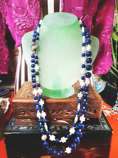 Vintage 1960s Navy White Necklace 25" Flower Floral Two Strand