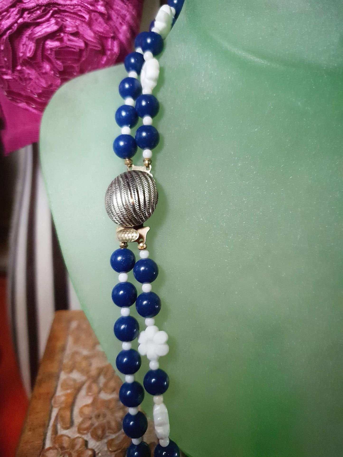 Vintage 1960s Navy White Necklace 25" Flower Floral Two Strand