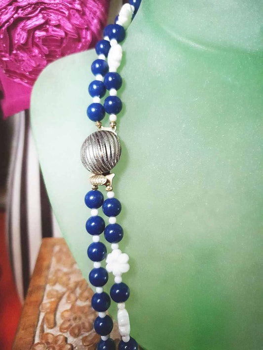 Vintage 1960s Navy White Necklace 25" Flower Floral Two Strand