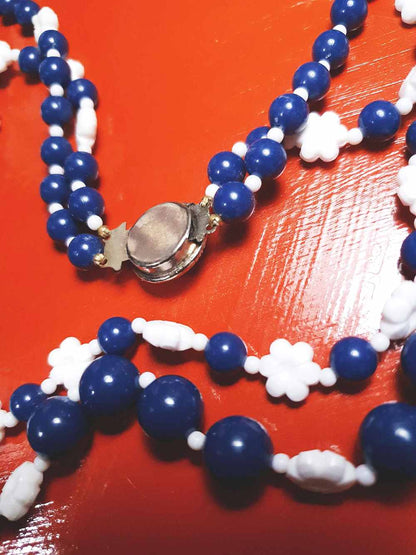 Vintage 1960s Navy White Necklace 25" Flower Floral Two Strand