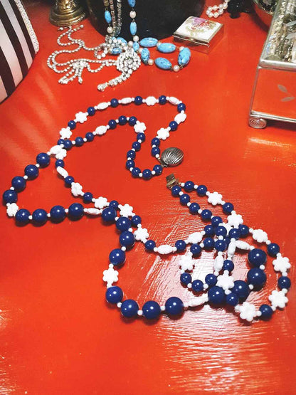 Vintage 1960s Navy White Necklace 25" Flower Floral Two Strand
