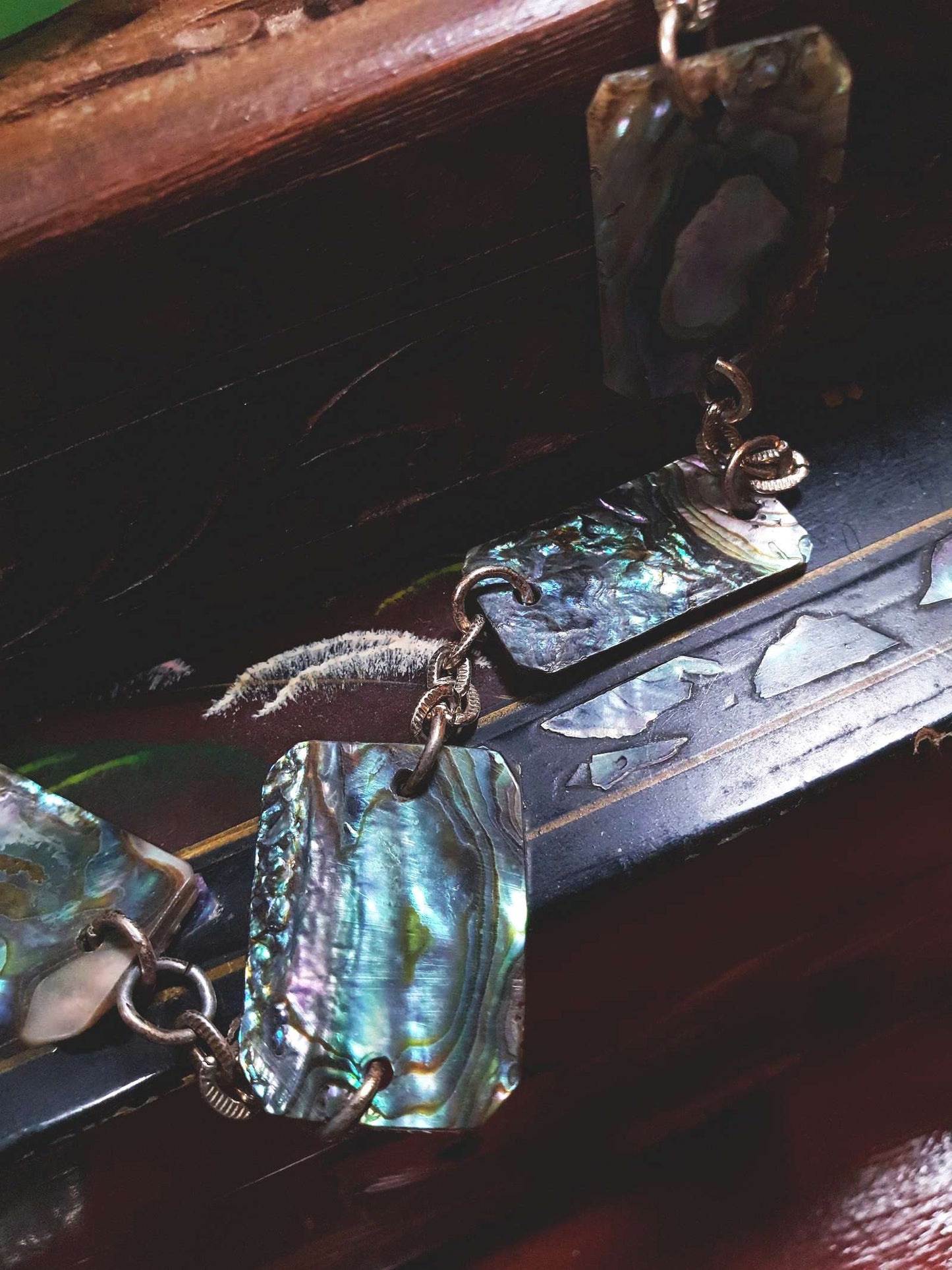 Vintage Abalone Shell Necklace 28.5" 1960s Paua Gold-Tone