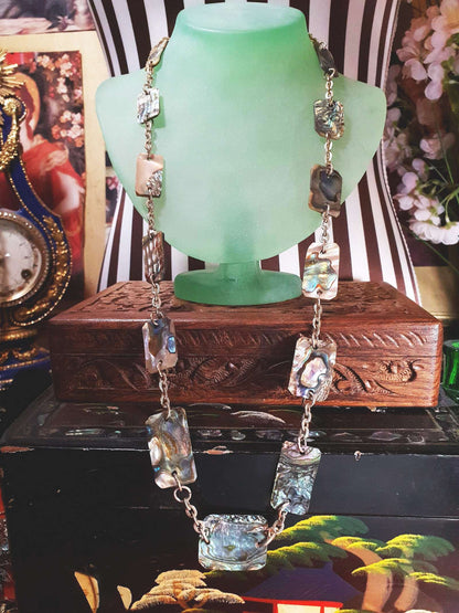 Vintage Abalone Shell Necklace 28.5" 1960s Paua Gold-Tone