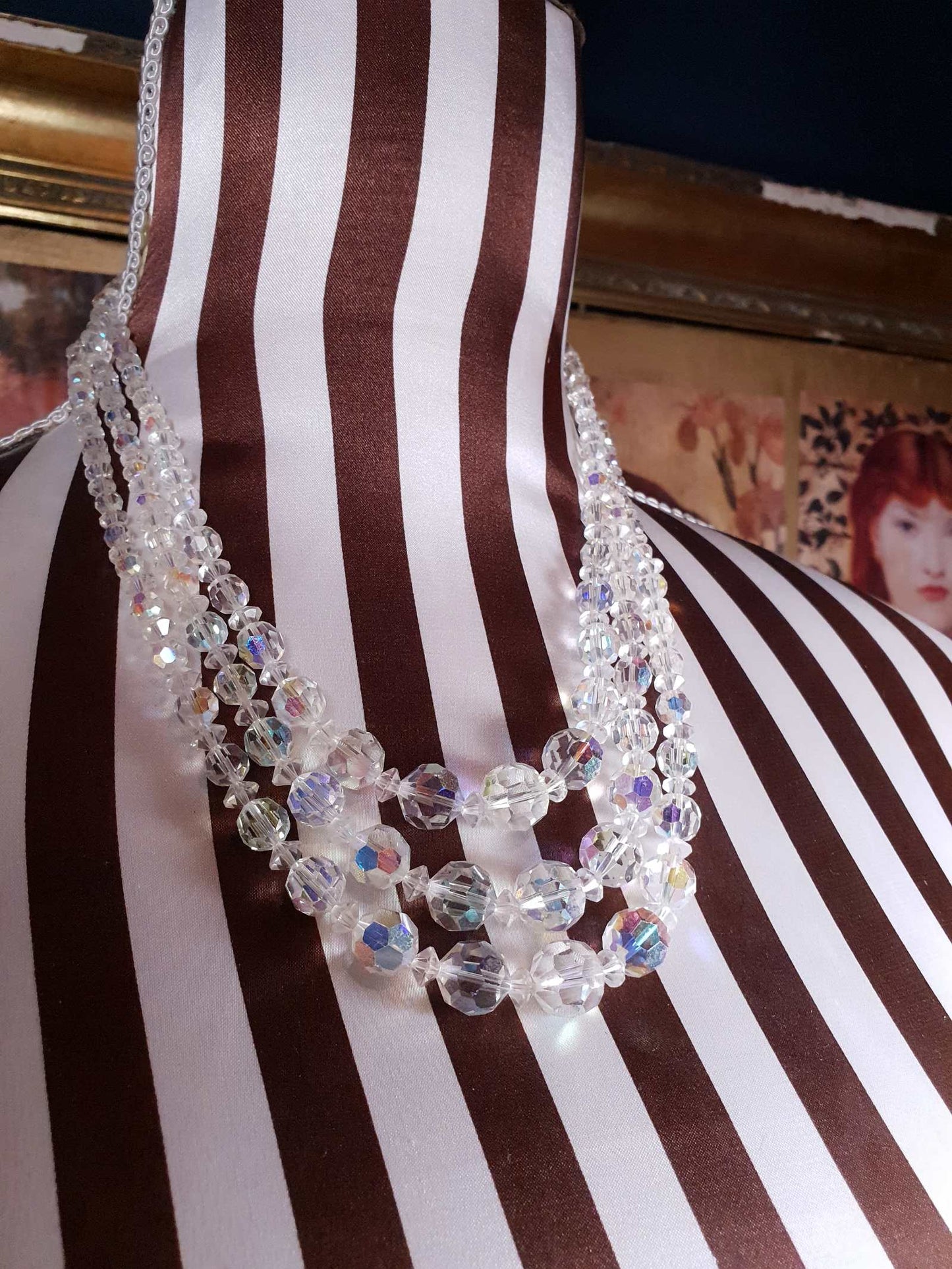 Vintage 1960s Aurora Borealis Crystal Necklace 20" AB Three Strand Rhinestone - Rare