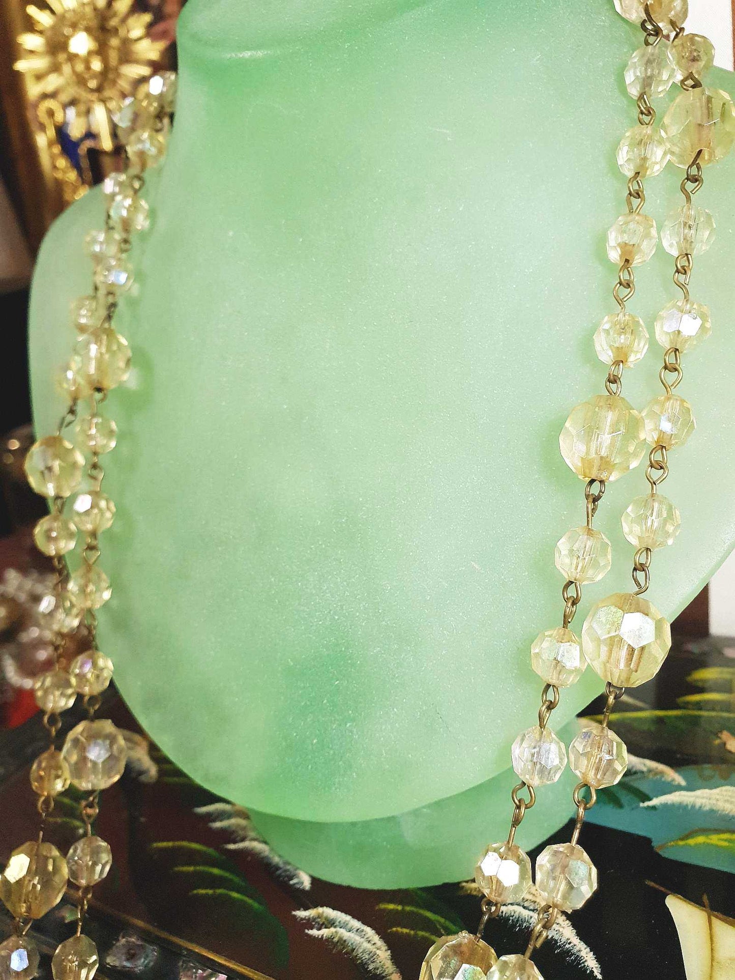 Vintage 1960s Aurora Borealis Necklace 50" AB Brass Honey