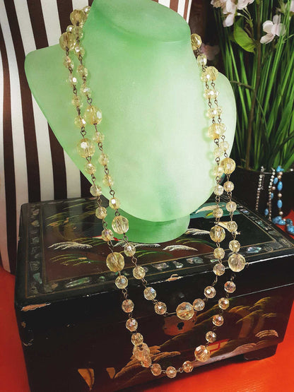 Vintage 1960s Aurora Borealis Necklace 50" AB Brass Honey