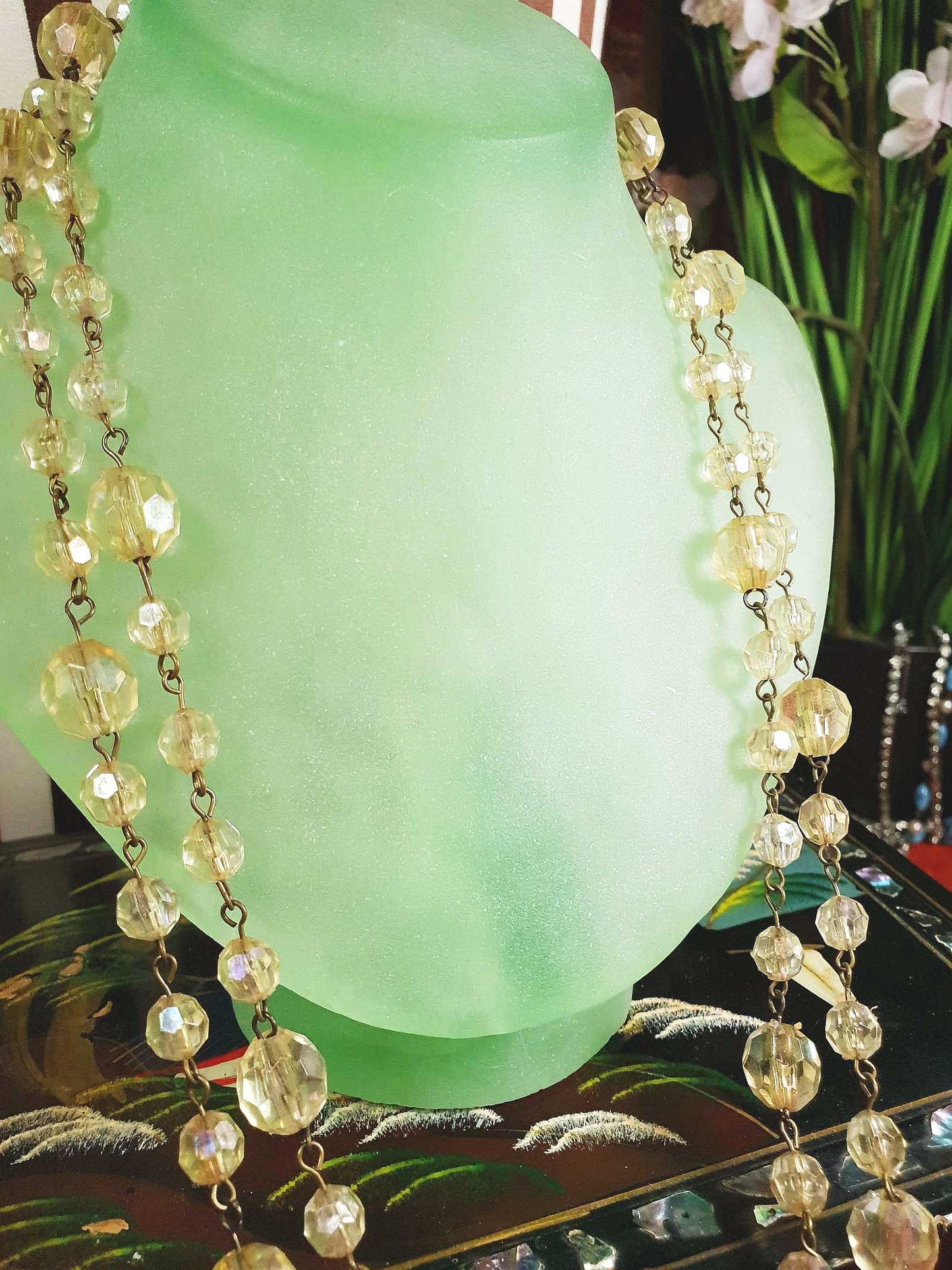 Vintage 1960s Aurora Borealis Necklace 50" AB Brass Honey