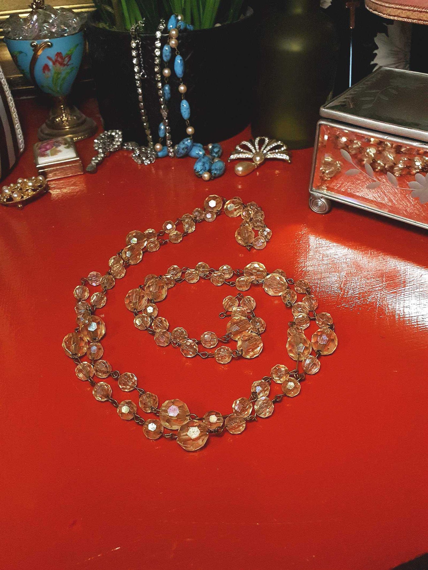 Vintage 1960s Aurora Borealis Necklace 50" AB Brass Honey