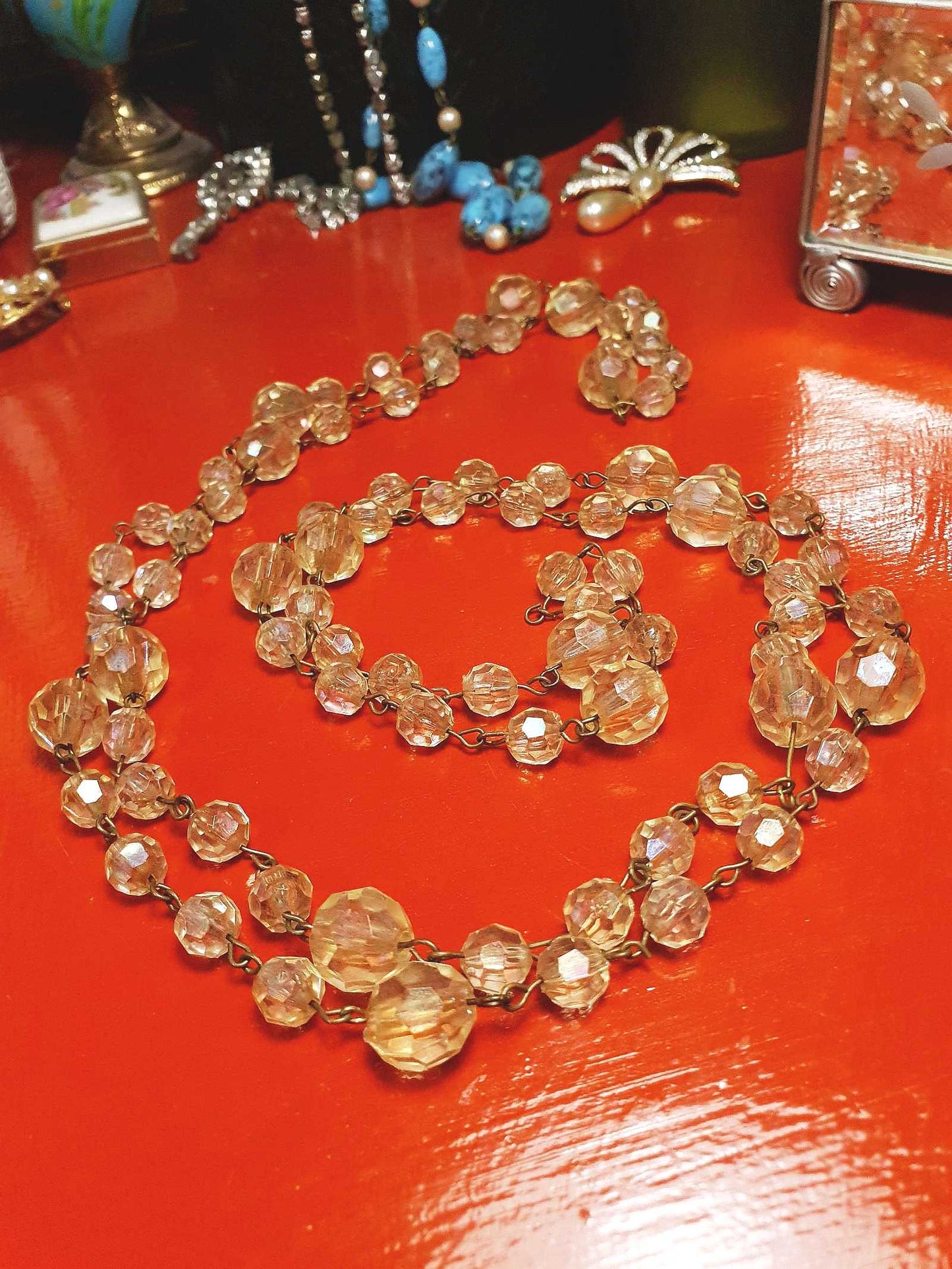 Vintage 1960s Aurora Borealis Necklace 50" AB Brass Honey