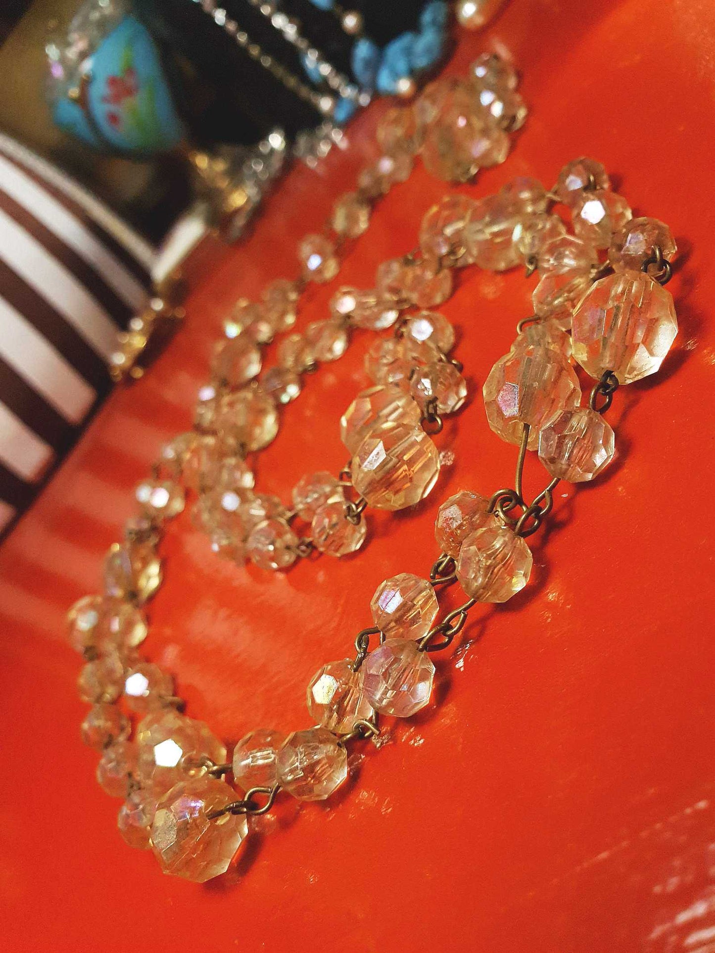 Vintage 1960s Aurora Borealis Necklace 50" AB Brass Honey