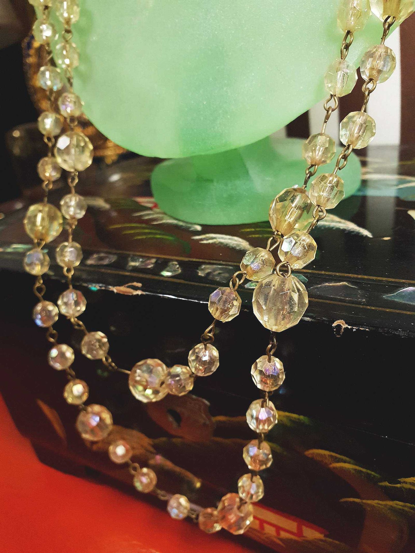 Vintage 1960s Aurora Borealis Necklace 50" AB Brass Honey