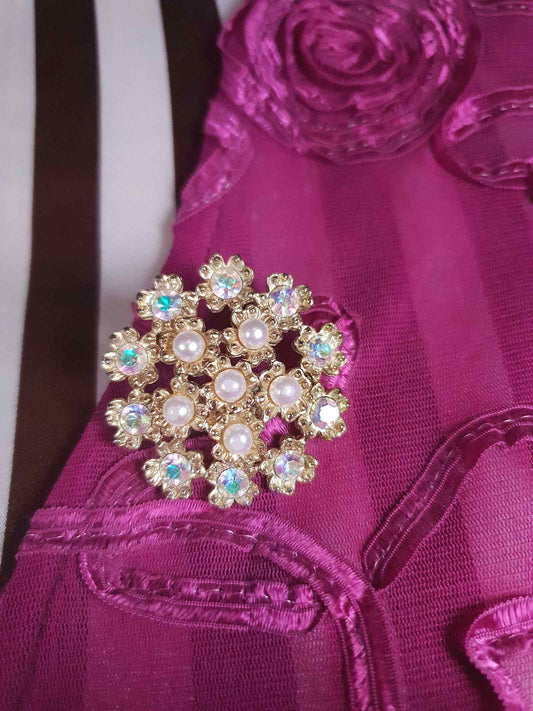 Vintage Aurora Borealis Rhinestone Pearl Brooch 1960s Flowers Floral AB