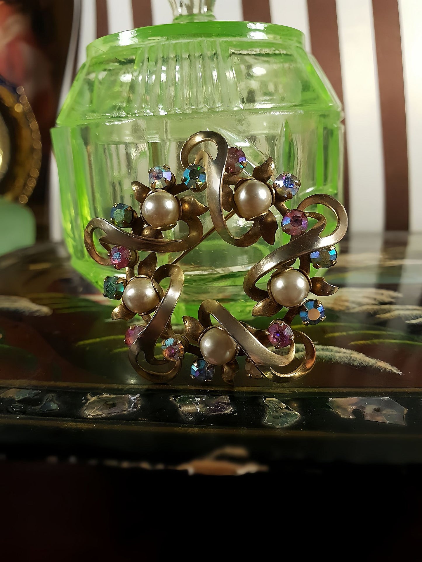 Vintage Wreath Aurora Borealis Rhinestone Brooch  1960s Faux Pearl Gold Tone AB