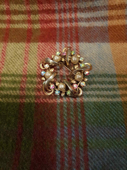 Vintage Wreath Aurora Borealis Rhinestone Brooch  1960s Faux Pearl Gold Tone AB