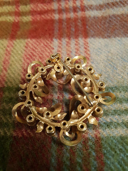 Vintage Wreath Aurora Borealis Rhinestone Brooch  1960s Faux Pearl Gold Tone AB