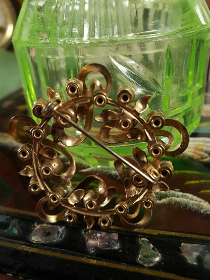 Vintage Wreath Aurora Borealis Rhinestone Brooch  1960s Faux Pearl Gold Tone AB