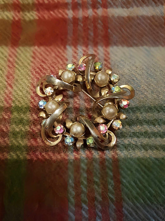 Vintage Wreath Aurora Borealis Rhinestone Brooch  1960s Faux Pearl Gold Tone AB
