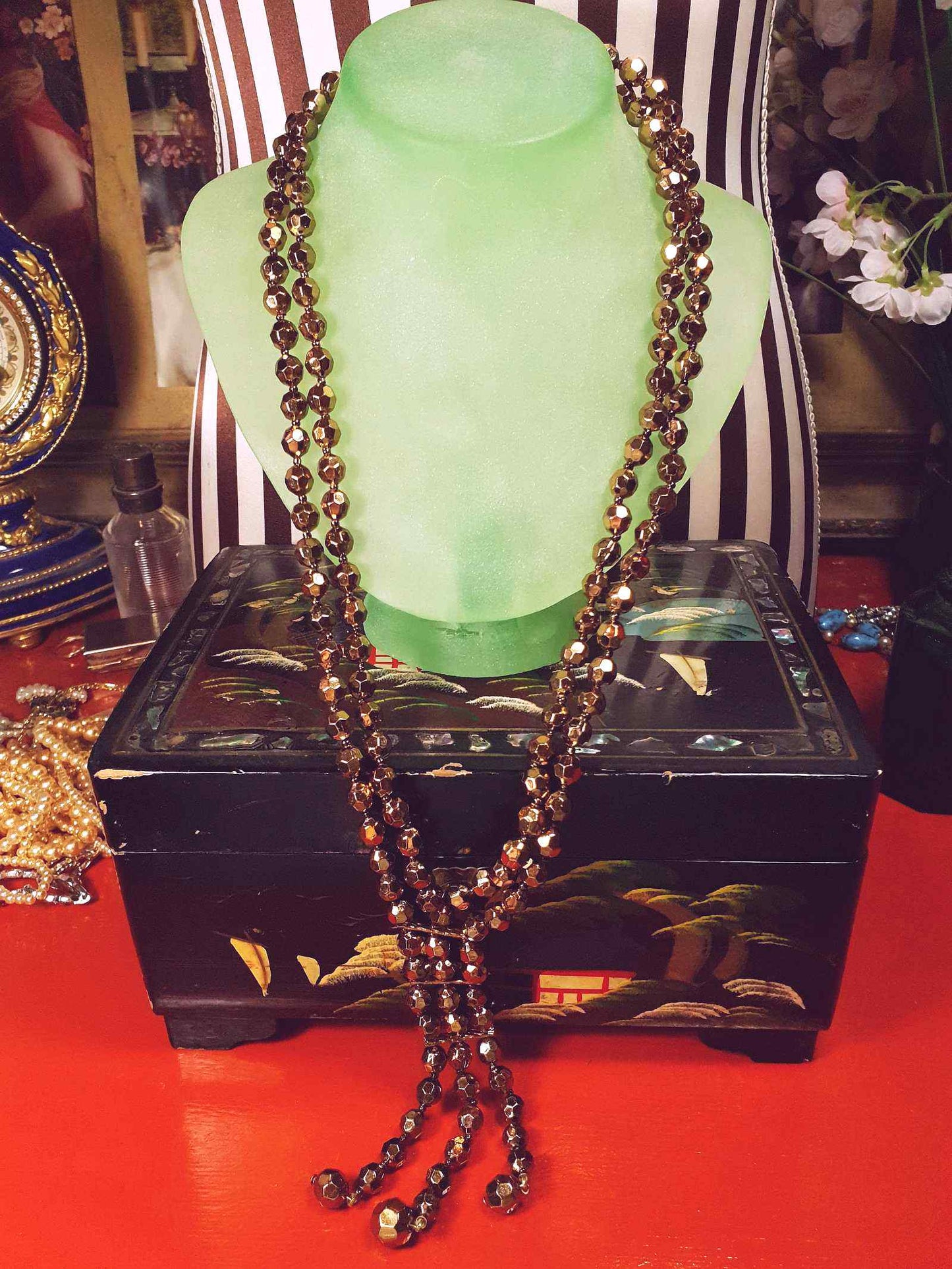 Vintage 1960s Beaded Necklace 25" Copper Sheen Double Strand