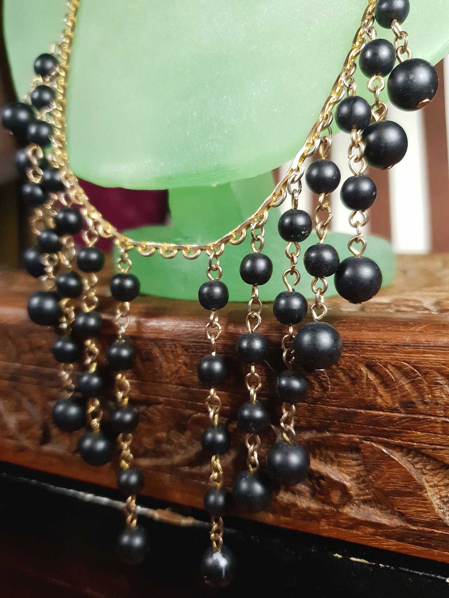 Vintage 1960s Black Bead Statement Necklace Cascading Bib